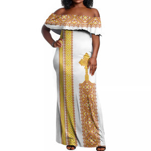 Habesha Motifs Ethiopia Off Shoulder Maxi Dress Tilet White Gold
