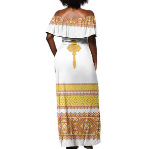 Habesha Motifs Ethiopia Off Shoulder Maxi Dress Tilet White Gold