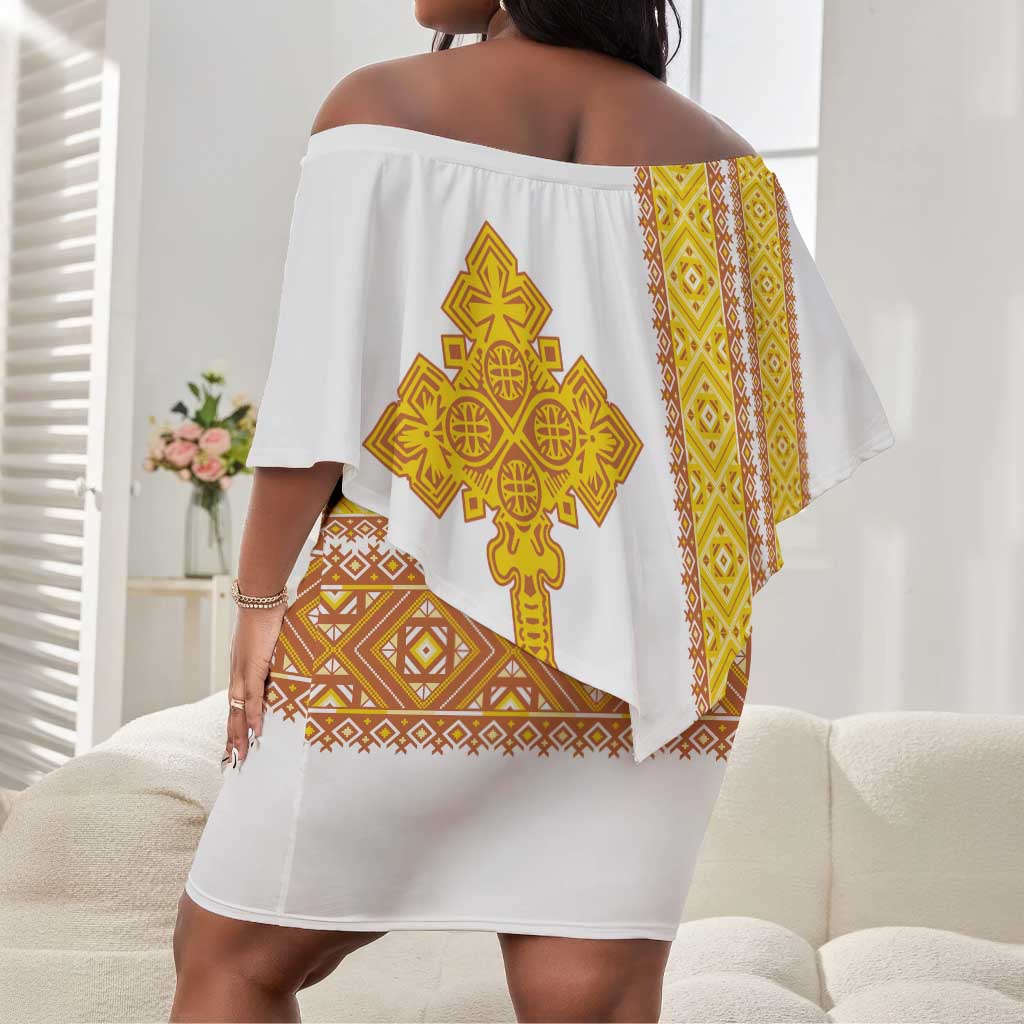Habesha Motifs Ethiopia Off Shoulder Short Dress Tilet White Gold