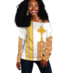 Habesha Motifs Ethiopia Off Shoulder Sweater Tilet White Gold