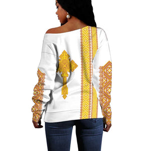 Habesha Motifs Ethiopia Off Shoulder Sweater Tilet White Gold