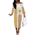 Habesha Motifs Ethiopia Off The Shoulder Long Sleeve Dress Tilet White Gold