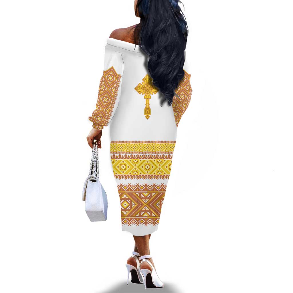 Habesha Motifs Ethiopia Off The Shoulder Long Sleeve Dress Tilet White Gold
