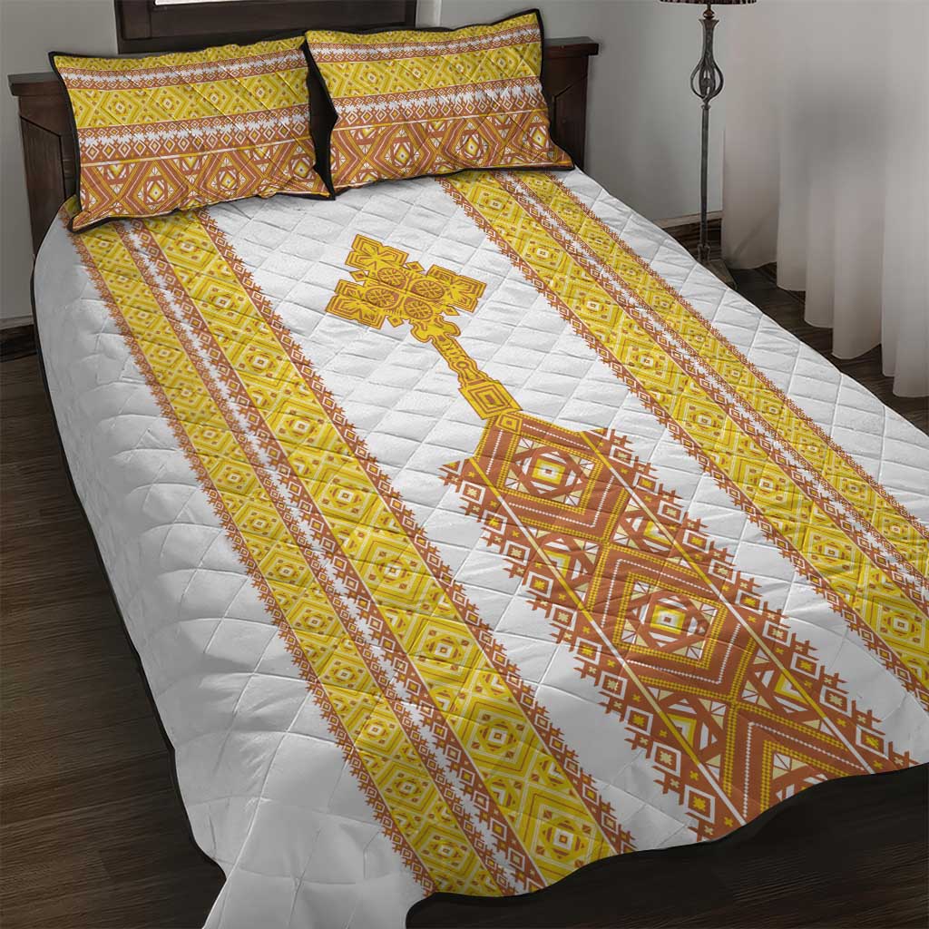Habesha Motifs Ethiopia Quilt Bed Set Tilet White Gold