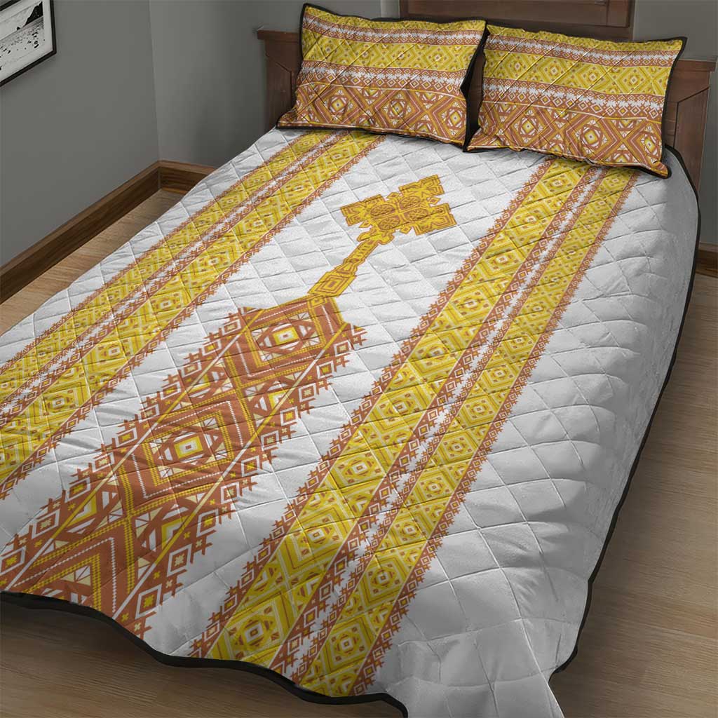Habesha Motifs Ethiopia Quilt Bed Set Tilet White Gold