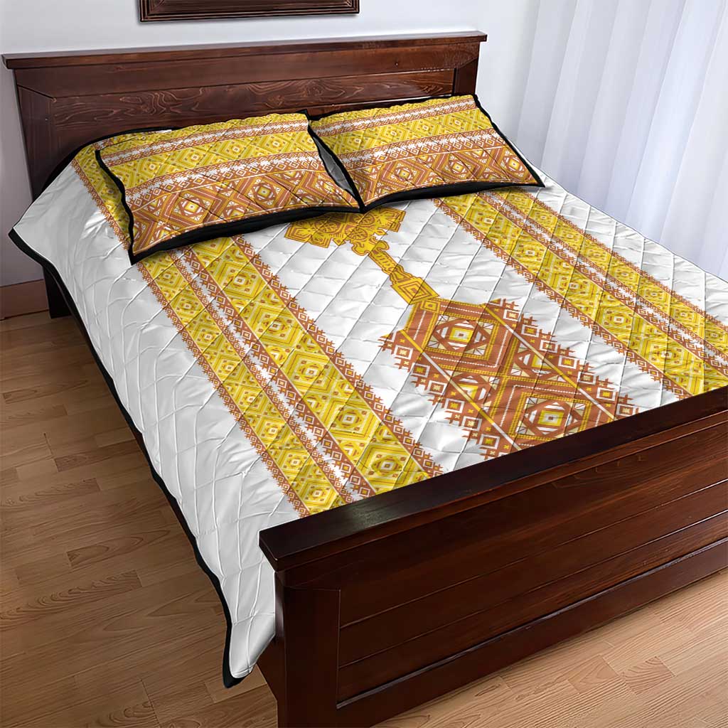 Habesha Motifs Ethiopia Quilt Bed Set Tilet White Gold
