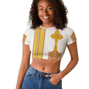 Habesha Motifs Ethiopia Raglan Cropped T shirt Tilet White Gold