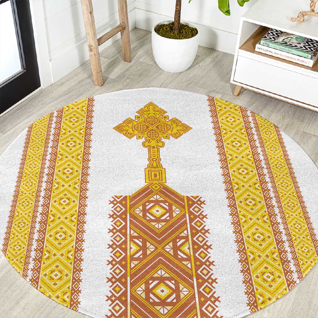 Habesha Motifs Ethiopia Round Carpet Tilet White Gold