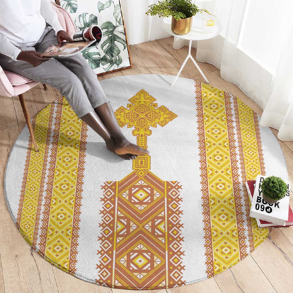 Habesha Motifs Ethiopia Round Carpet Tilet White Gold