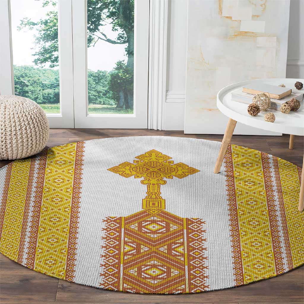 Habesha Motifs Ethiopia Round Carpet Tilet White Gold
