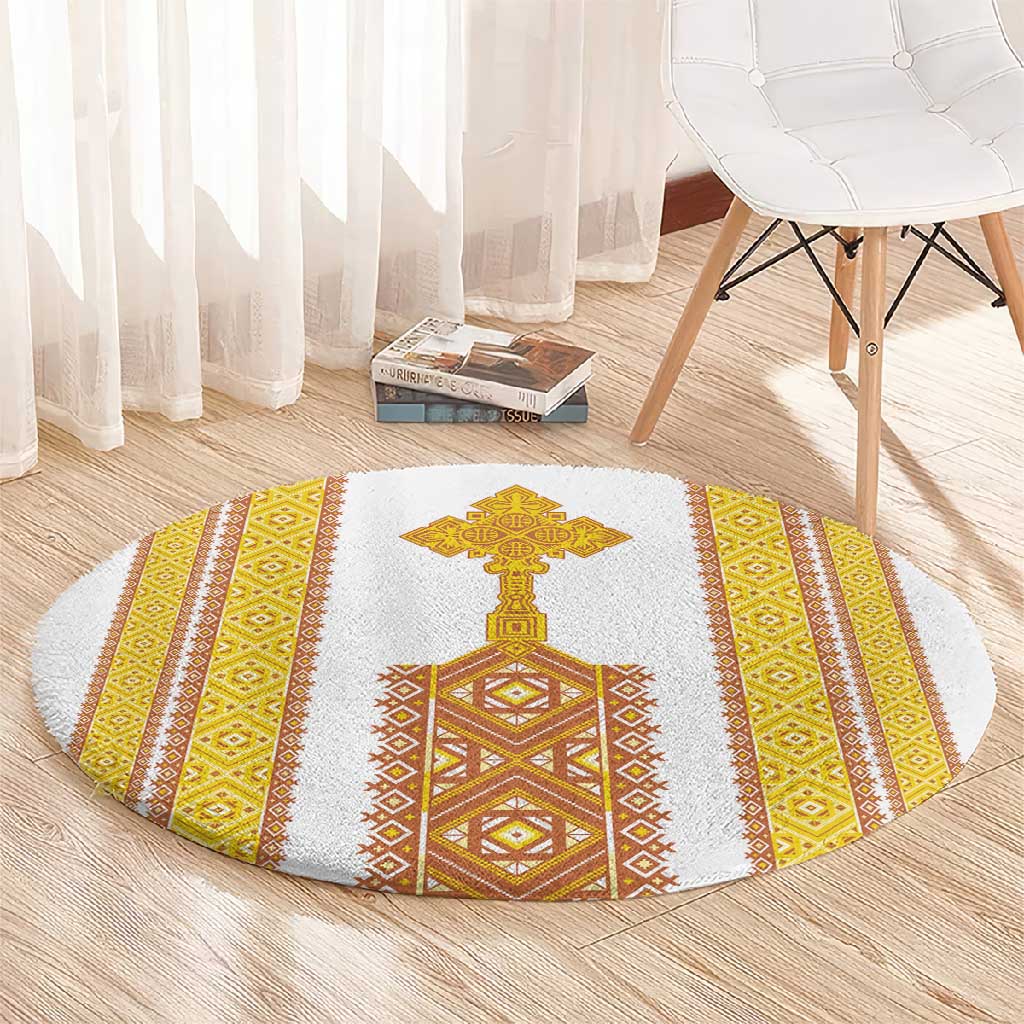 Habesha Motifs Ethiopia Round Carpet Tilet White Gold