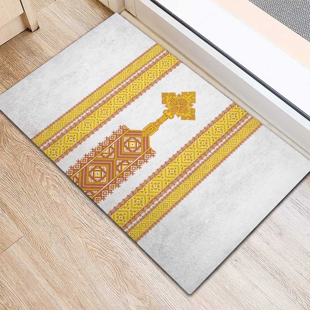 Habesha Motifs Ethiopia Rubber Doormat Tilet White Gold
