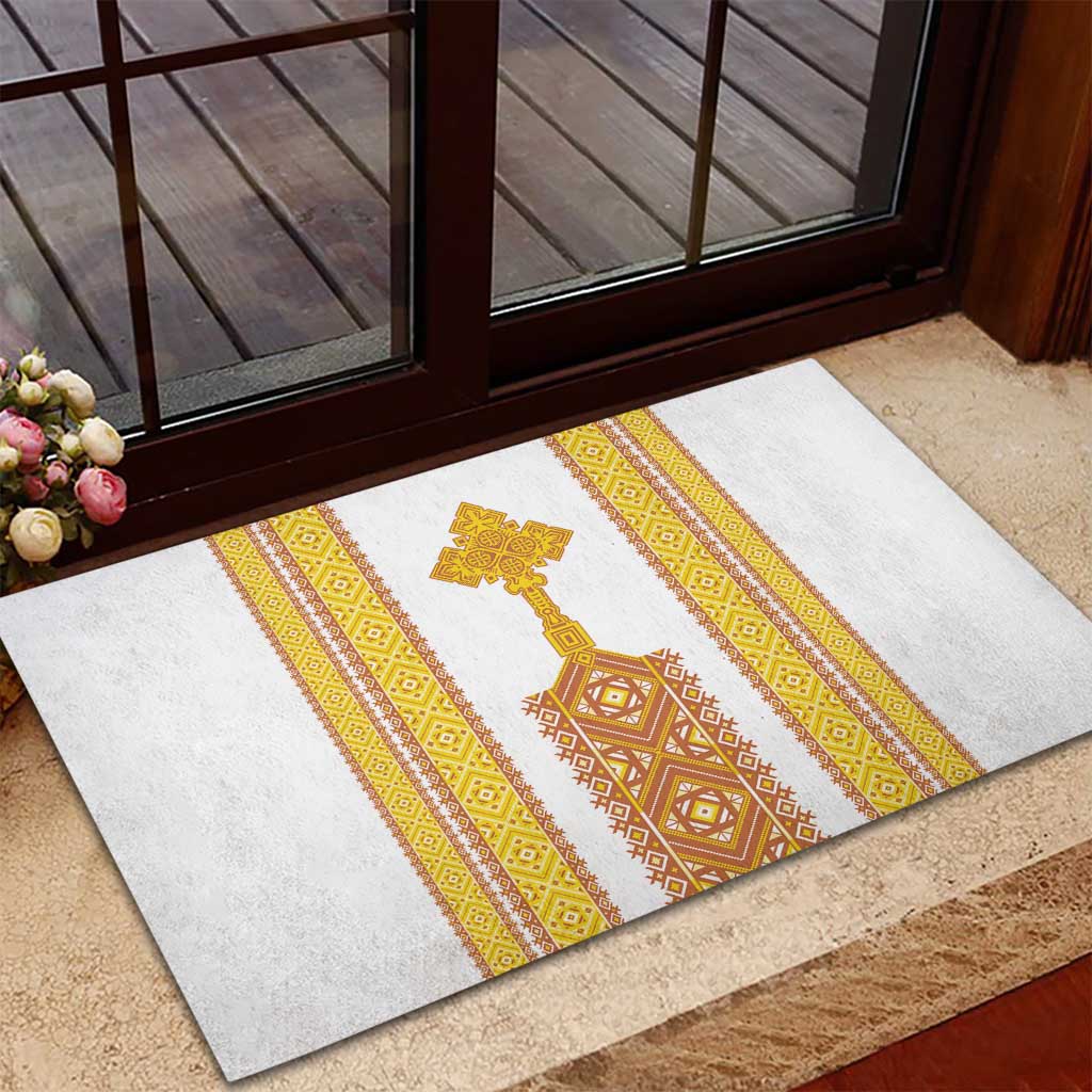 Habesha Motifs Ethiopia Rubber Doormat Tilet White Gold