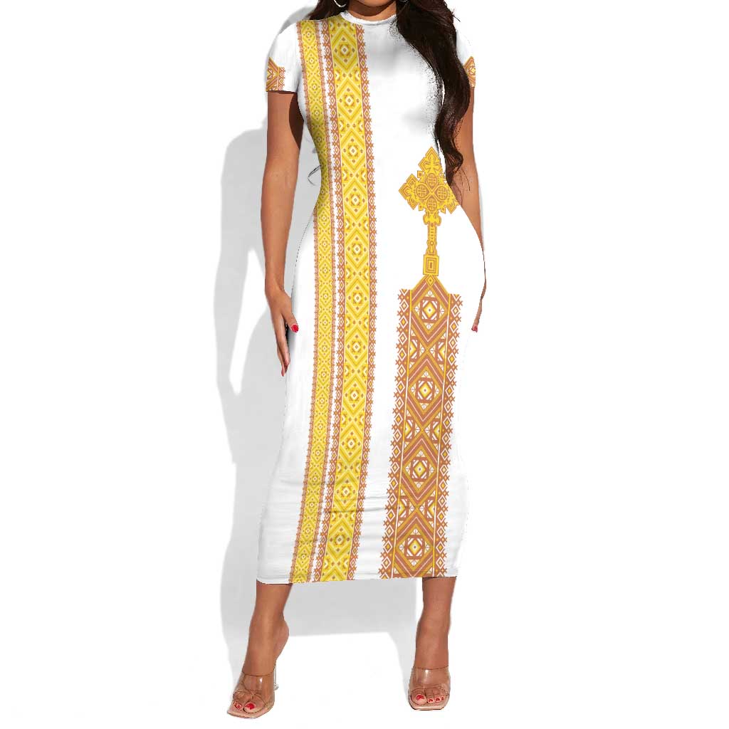 Habesha Motifs Ethiopia Short Sleeve Bodycon Dress Tilet White Gold LT7