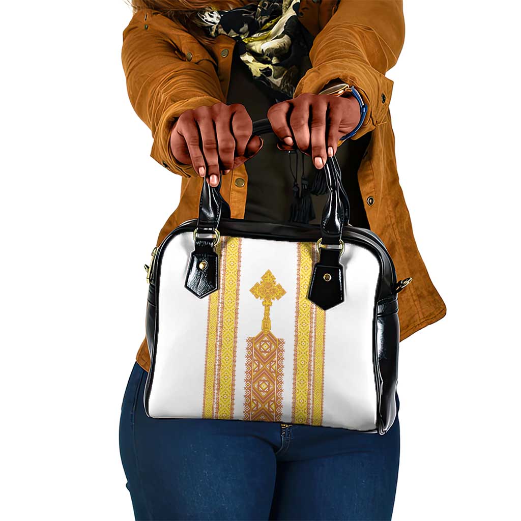 Habesha Motifs Ethiopia Shoulder Handbag Tilet White Gold