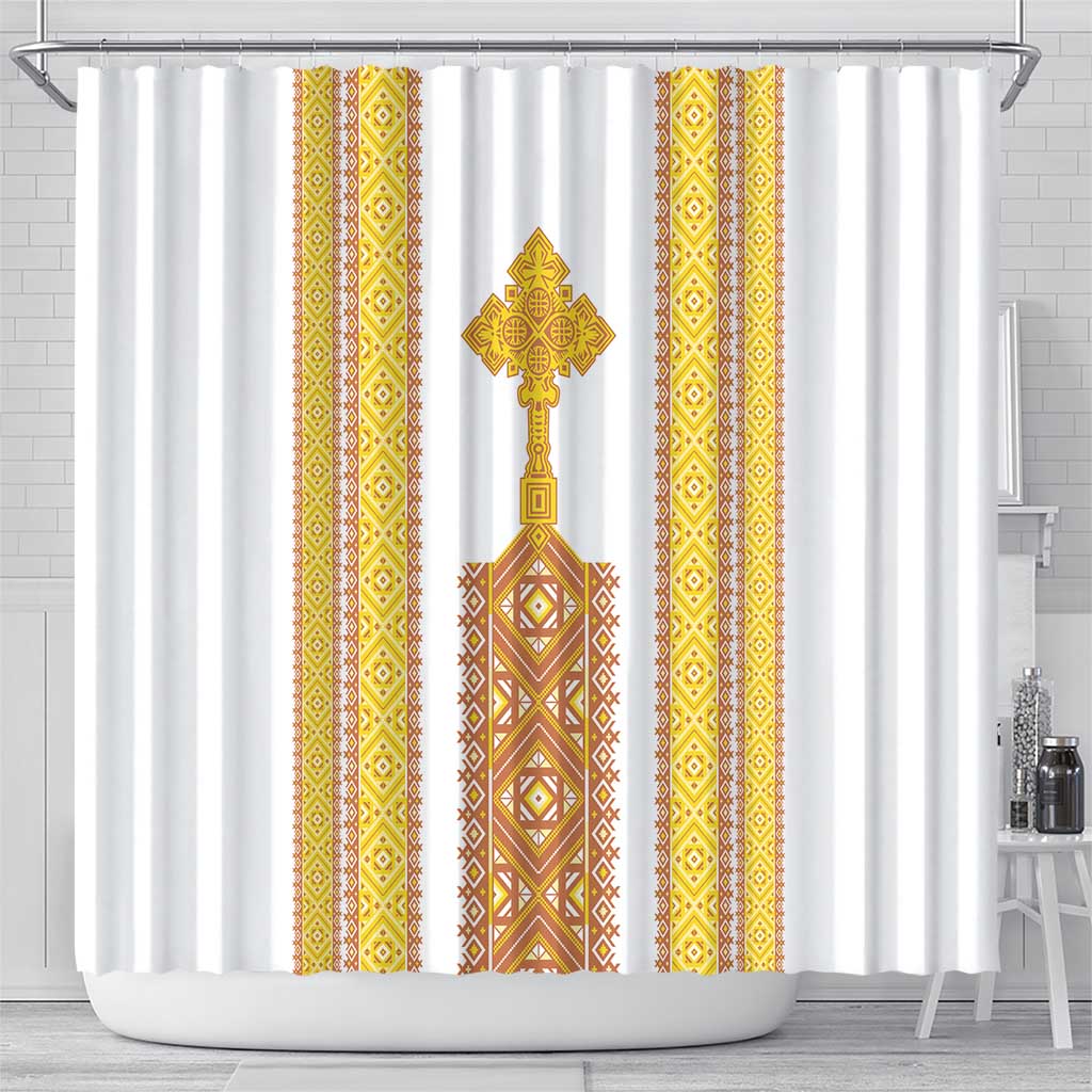 Habesha Motifs Ethiopia Shower Curtain Tilet White Gold