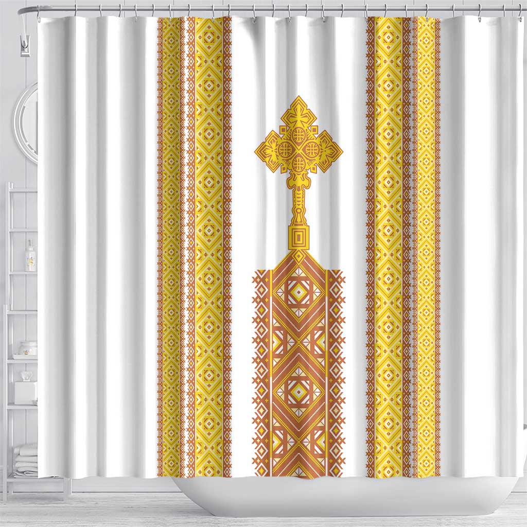 Habesha Motifs Ethiopia Shower Curtain Tilet White Gold