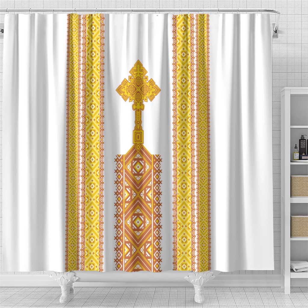 Habesha Motifs Ethiopia Shower Curtain Tilet White Gold