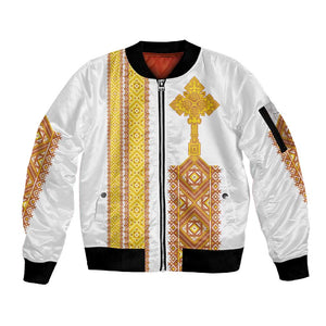 Habesha Motifs Ethiopia Sleeve Zip Bomber Jacket Tilet White Gold