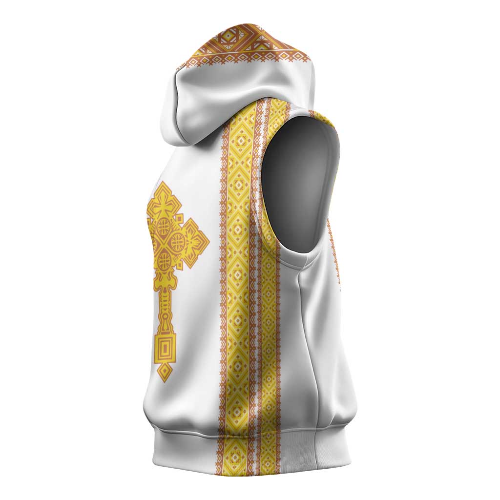Habesha Motifs Ethiopia Sleeveless Hoodie Tilet White Gold - African Pride