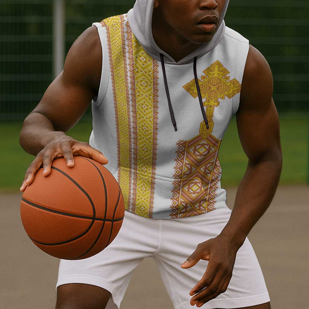 Habesha Motifs Ethiopia Sleeveless Hoodie Tilet White Gold - African Pride