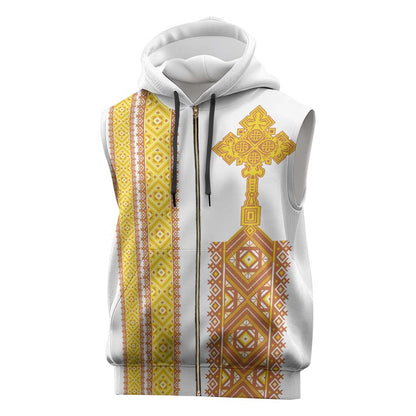 Habesha Motifs Ethiopia Sleeveless Zip Hoodie Tilet White Gold - African Pride