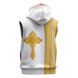 Habesha Motifs Ethiopia Sleeveless Zip Hoodie Tilet White Gold - African Pride