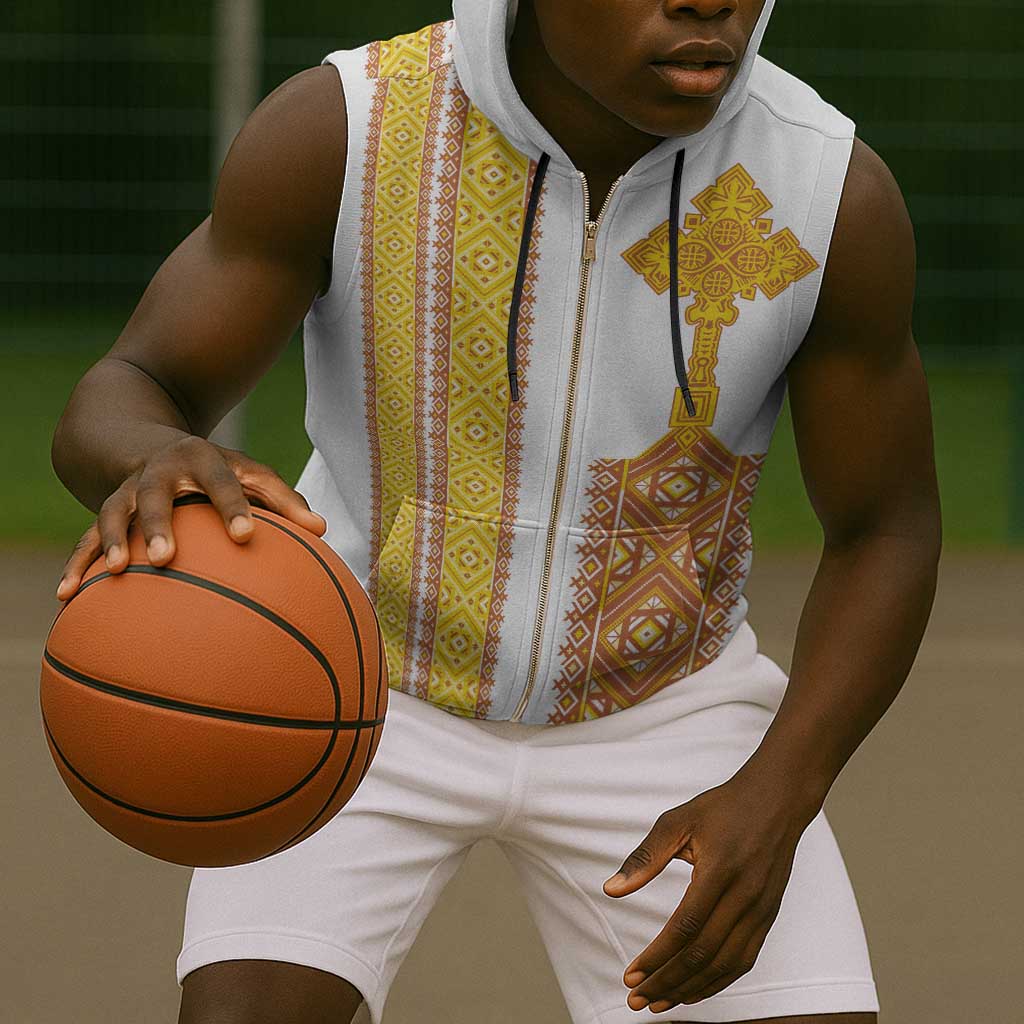 Habesha Motifs Ethiopia Sleeveless Zip Hoodie Tilet White Gold - African Pride