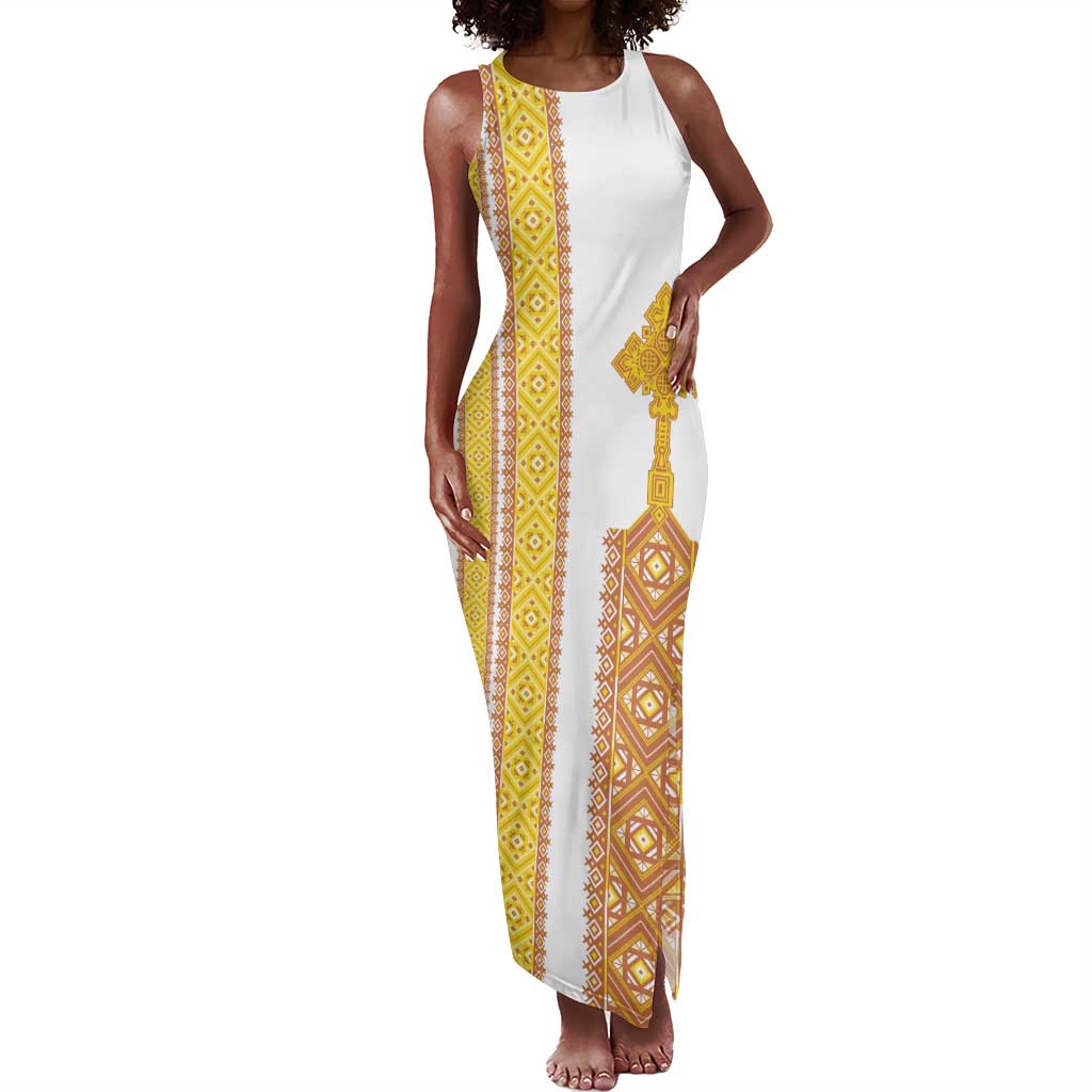 Habesha Motifs Ethiopia Tank Maxi Dress Tilet White Gold