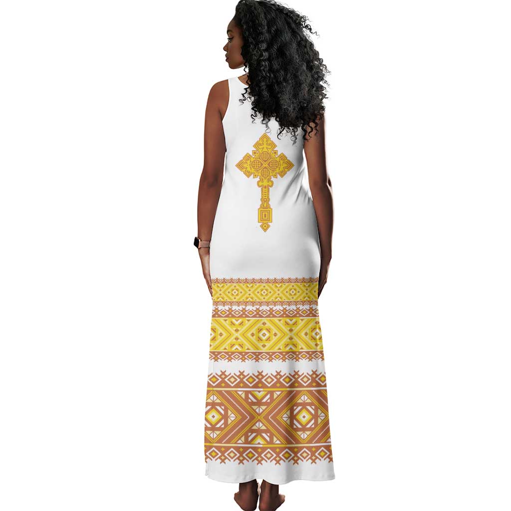Habesha Motifs Ethiopia Tank Maxi Dress Tilet White Gold
