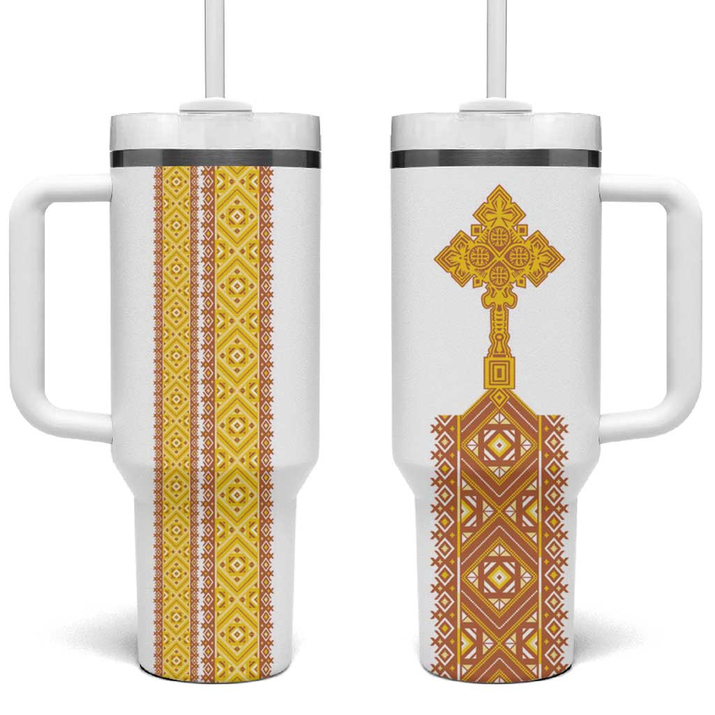 Habesha Motifs Ethiopia Tumbler With Handle Tilet White Gold