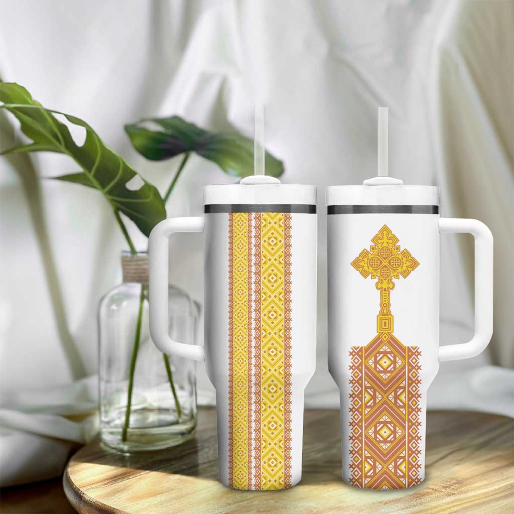 Habesha Motifs Ethiopia Tumbler With Handle Tilet White Gold