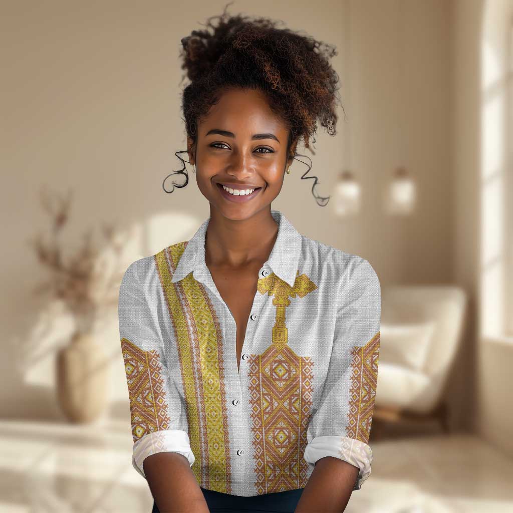 Habesha Motifs Ethiopia Women Casual Shirt Tilet White Gold