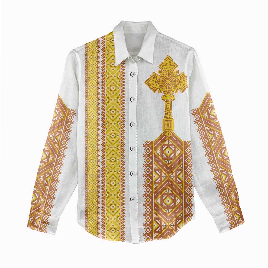 Habesha Motifs Ethiopia Women Casual Shirt Tilet White Gold