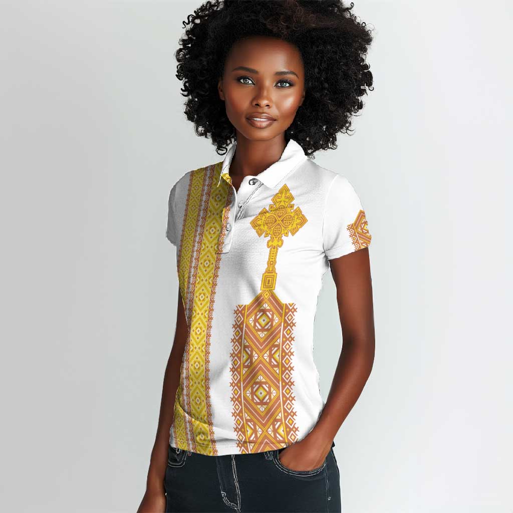 Habesha Motifs Ethiopia Women Polo Shirt Tilet White Gold