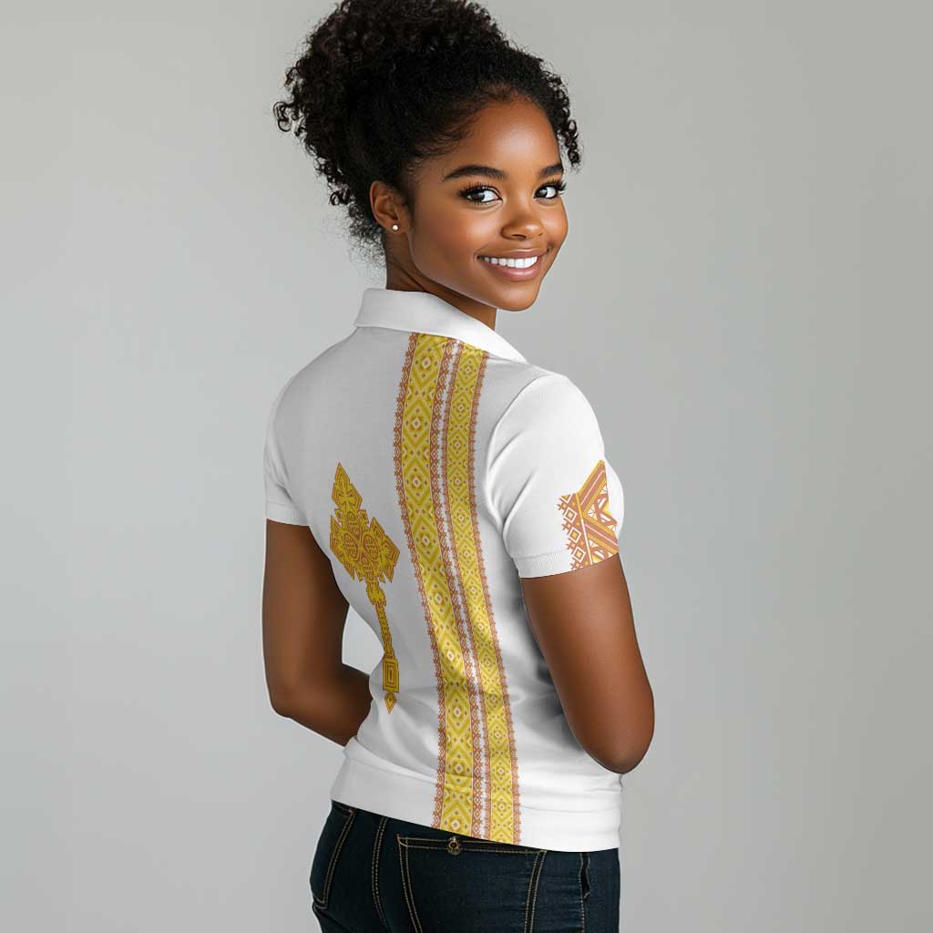Habesha Motifs Ethiopia Women Polo Shirt Tilet White Gold
