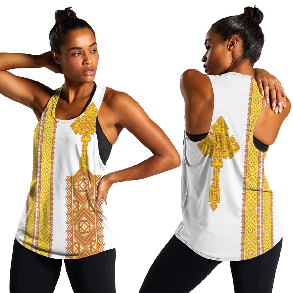 Habesha Motifs Ethiopia Women Racerback Tank Tilet White Gold