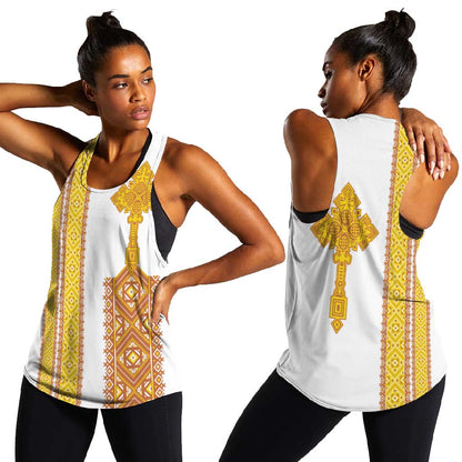 Habesha Motifs Ethiopia Women Racerback Tank Tilet White Gold