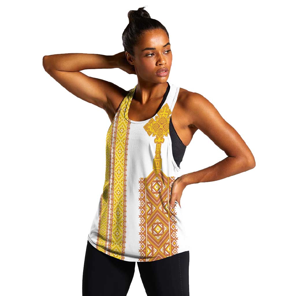 Habesha Motifs Ethiopia Women Racerback Tank Tilet White Gold