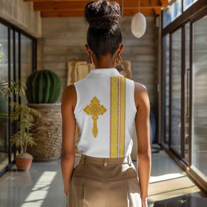 Habesha Motifs Ethiopia Women Sleeveless Polo Shirt Tilet White Gold
