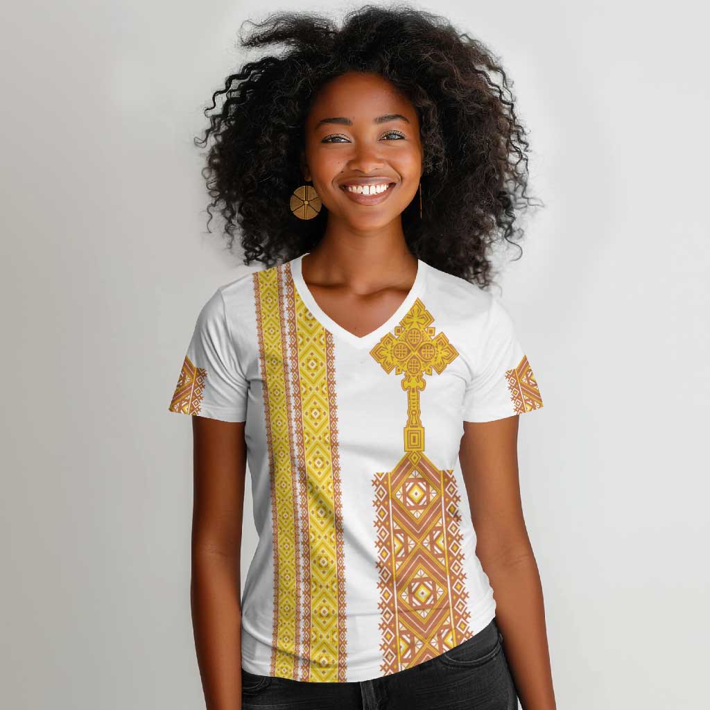 Habesha Motifs Ethiopia Women V-Neck T-Shirt Tilet White Gold