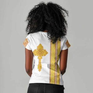Habesha Motifs Ethiopia Women V-Neck T-Shirt Tilet White Gold
