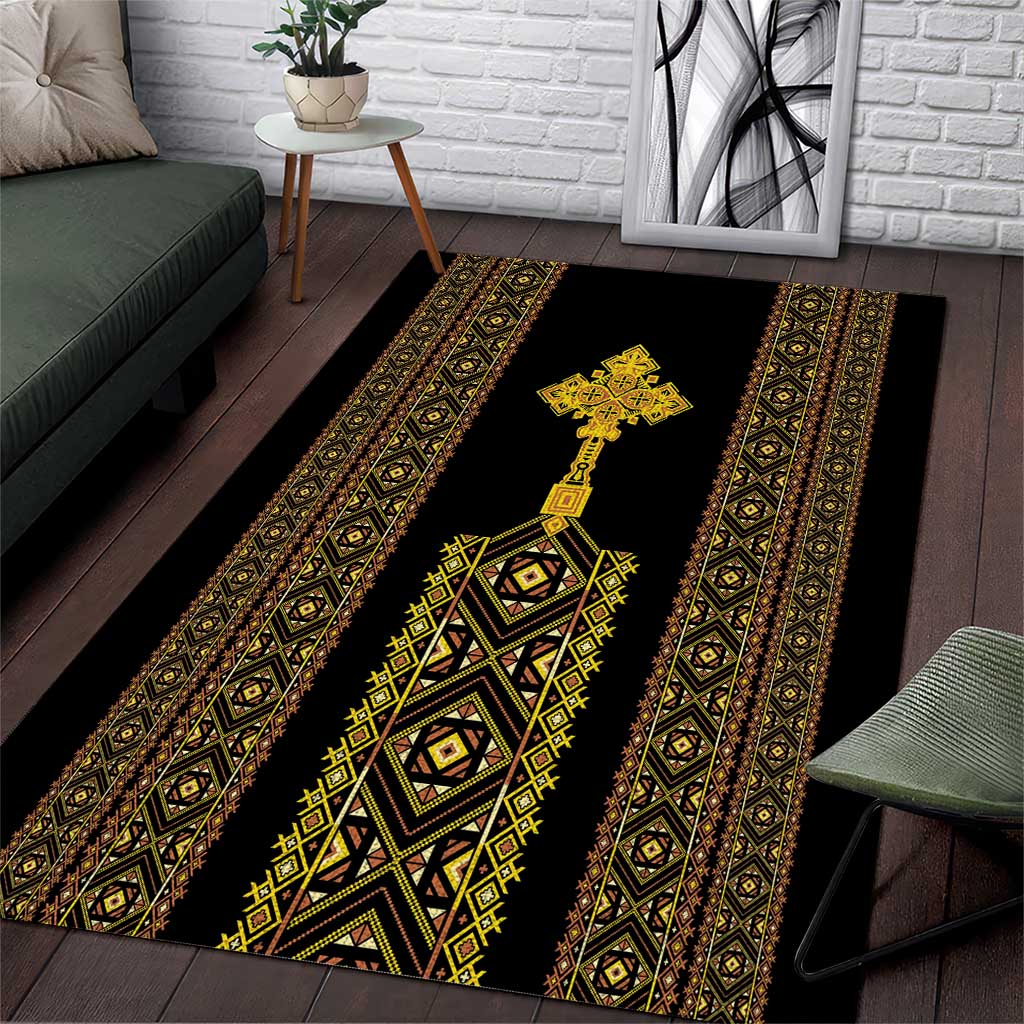 Habesha Motifs Ethiopia Area Rug Tilet Black Gold