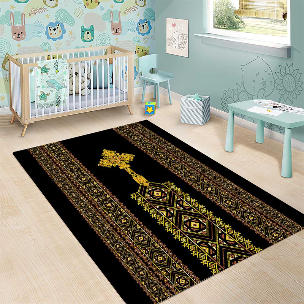 Habesha Motifs Ethiopia Area Rug Tilet Black Gold