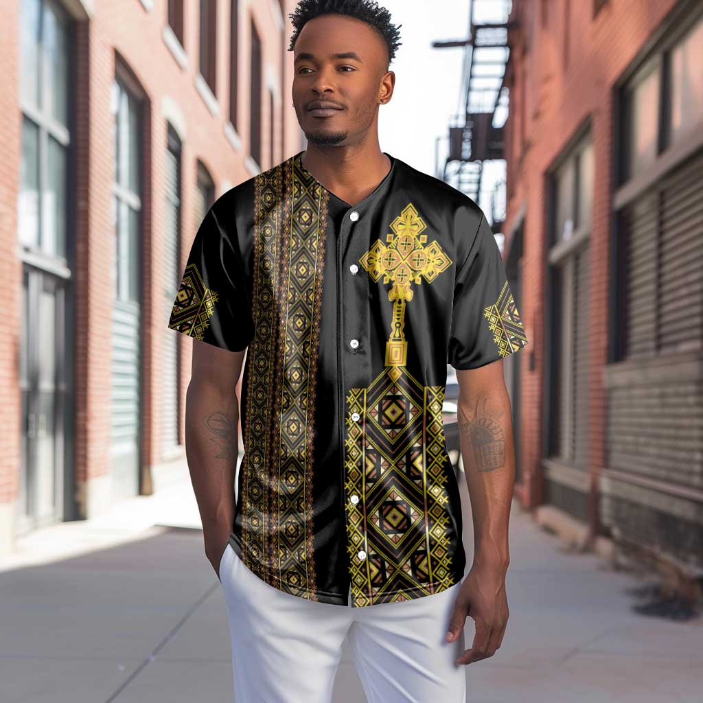 Habesha Motifs Ethiopia Baseball Jersey Tilet Black Gold