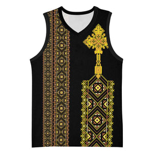 Habesha Motifs Ethiopia Basketball Jersey Tilet Black Gold - African Pride
