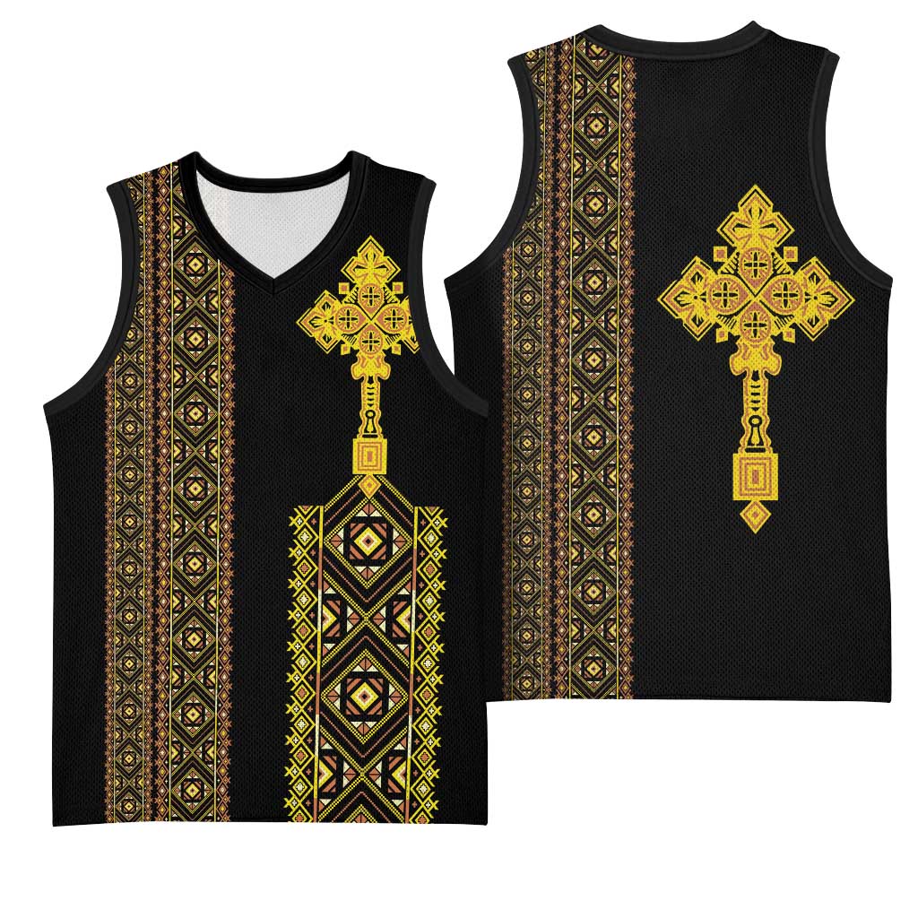 Habesha Motifs Ethiopia Basketball Jersey Tilet Black Gold - African Pride