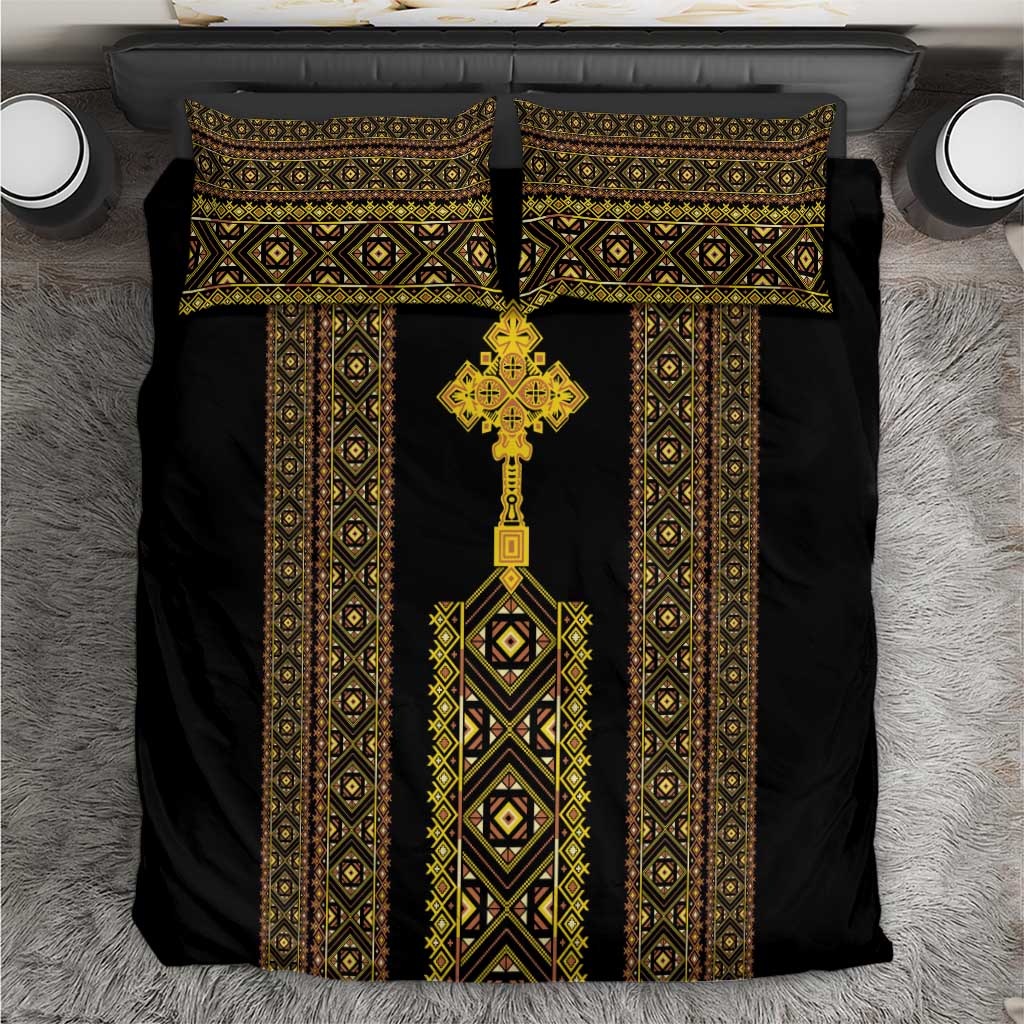 Habesha Motifs Ethiopia Bedding Set Tilet Black Gold