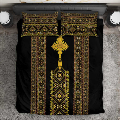 Habesha Motifs Ethiopia Bedding Set Tilet Black Gold