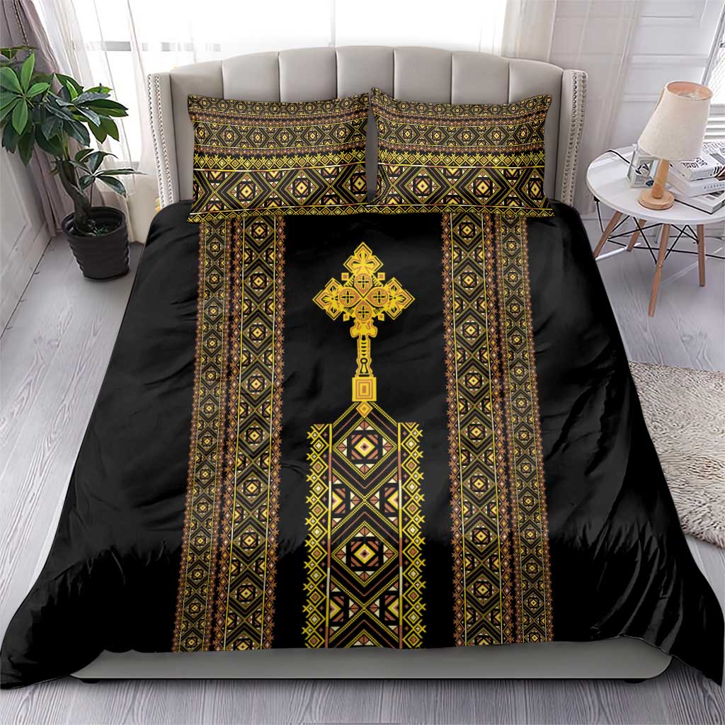 Habesha Motifs Ethiopia Bedding Set Tilet Black Gold